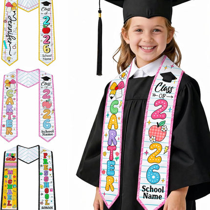 Personalized Kids Graduation Stole 2026 with Name & School – Custom Preschool Kindergarten Grad Sash, 3 Fun Styles, 16 Glitter Edge Colors, Class of 2026 Stole for Pre-K Elementary Boys Girls
