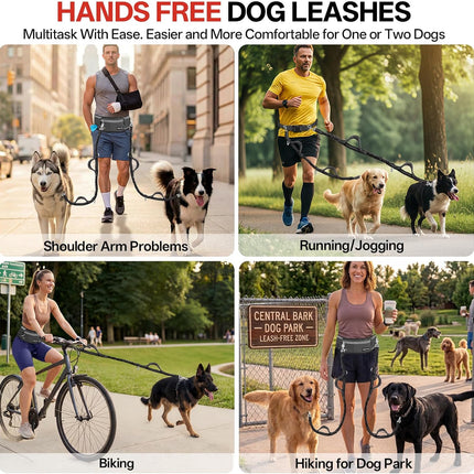Hands Free Double Dog Leash for Two Dogs,240LB Heavy Duty Retractable with Partitioned Pouch Adjustable Waist for Walking Running Jogging Hiking Biking Training for Medium/Large(Not for＜25LBS)