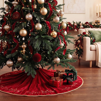 Christmas Tree Skirt, 48 inches Red Velvet Plush Fur Skirts with Gold Embroidered Holly Leaf for Rustic Xmas Tree Holiday Decorations