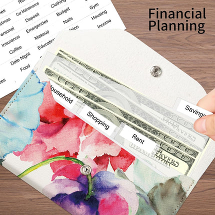 PU Leather Cash Envelopes Wallet, Reusable Money Savin Wallet, Cute Budget Envelope with 4 Dividers & 1 Sheets Budget Labels Bright Watercolor Floral