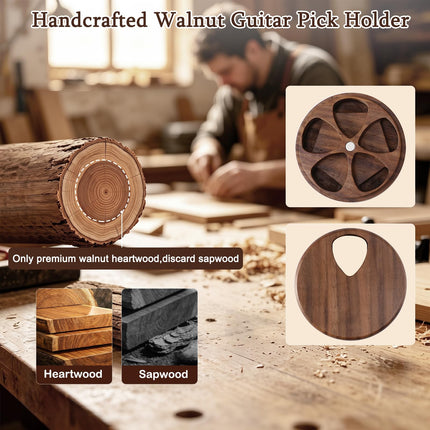 Walnut Wood Guitar Pick Holder with 26 Guitar Picks & Greeting Card