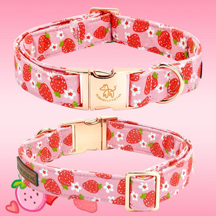 Elegant little tail Dog Collar, Spring Dog Collar with Flower Strawberry Print Cotton Soft Female Pet Collar Flower Dog Collar Adjustable Dog Collar for Small Dogs