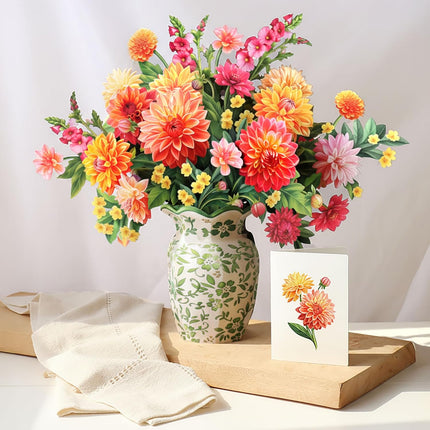 Freshcut Paper Pop Up Cards, Dahlia Sunrise, 12 Inch Life Sized Forever Flower Bouquet 3D Popup Greeting Card, Birthday Cards, Thank You Card, Blank Notecard & Envelope