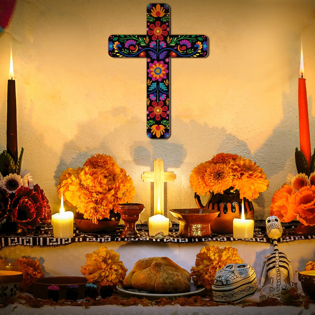 Floral Mexican Cross Wall Decor Day of The Dead Wall Art, 12x8.8in