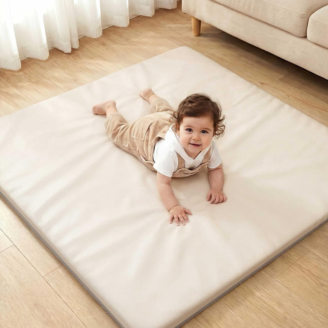 Baby Play Mat for Floor 50x50, 1.5” Thick Vegan Leather Crawling Mat with Removable Cover, Waterproof Playpen Mat for Infants and Toddlers, Wipe-Clean Kids Playmat, Cream