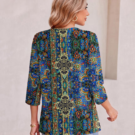 Womens 3/4 Length Sleeve Tops Boho Blouses Casual Pleated Shirts