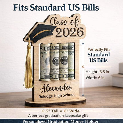 Personalized Graduation Gifts Class of 2026 Money Holder - Custom Name & School Graduation Money Gift Holder for Him Her, Senior Wooden Cash Display Standing Scroll Holder, Unique Graduate Keepsake