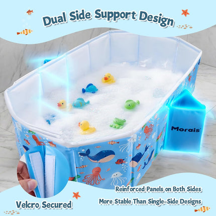 MORAIS Baby Bathtub Collapsible & Portable, Foldable Toddler Bath Tub with Dual Drain Plug and Padded Bottom, Travel & Shower Ready, Easy to Clean, Space-Saving Tub, 12 Months+