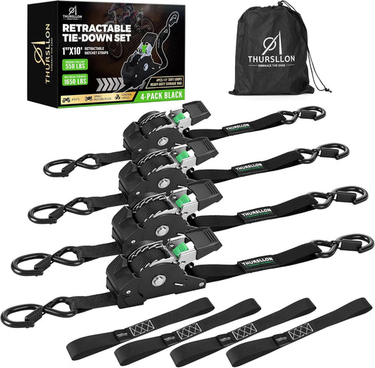 Retractable Ratchet Straps (4-Pack) - 1 Inch x 10 Feet (1,650lb Break Strength) - Auto Self Retracting Tie Down Straps