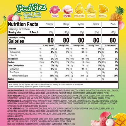 AMOS Peelerz Exotic Fruit Peelable Gummy Candy, 5 Tropical Flavors Mango Peach Banana Pineapple Lychee, 8.47oz Box 10 Individual Packs, Easter Basket Stuffers Fun Egg Hunt Treats with Real Fruit Juice