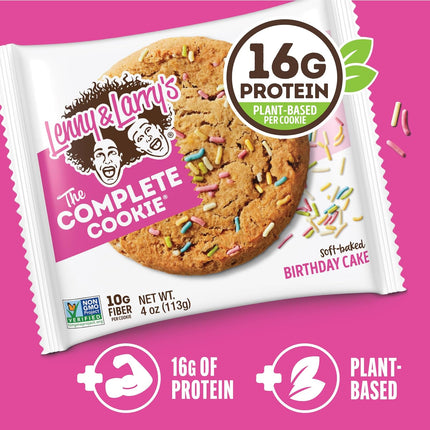 Lenny & Larry's Protein Cookie, [Birthday Cake], Chewy Soft Baked, 16g Plant Protein, Vegan, Non-GMO, High Fiber, 4 Ounce Cookie (Pack of 12)