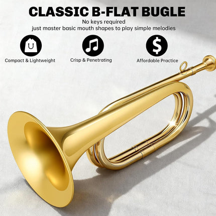 Kmise Bb Brass Bugle, Lightweight Keyless Trumpet Instrument for School Bands, Summer Camps, Team Activities with Storage Bag, Cleaning Cloth, Gloves