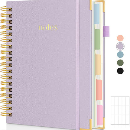 SKYDUE Hardcover Spiral Notebook, 300 Pages 8" x 10" College Ruled Notebook for Work with Dividers & Pockets, 5 Subject Notebook Journals for Women, Double Wire Bound, Tab Stickers Included, Purple
