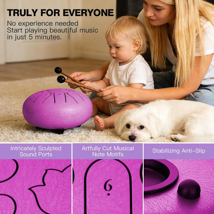 Rain Drum for Outside Garden,6 Inch 11 Note 440Hz Steel Tongue Drum C Major, Steel Drum for Kids & Adults, Music Education & Meditation Drum for Patio&Backyard, with Mallets, Bag&Book(Purple)