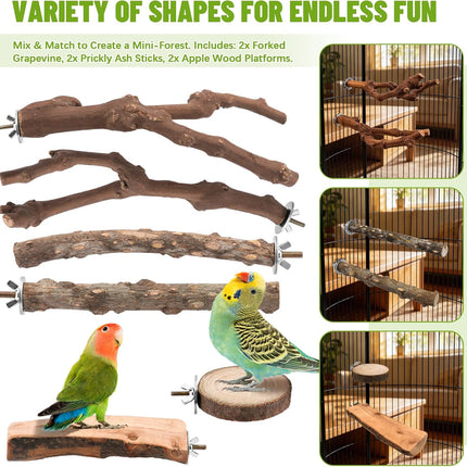 BILLIOTEAM 6-Piece Natural Wood Bird Perch Set - Forked Grapevine Branches, Prickly Ash Sticks & Apple Wood Platforms - Habitat Standing Accessories for Parakeets, Cockatiels, Conures, Budgies