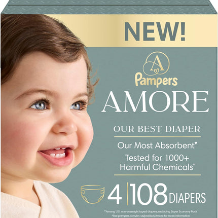 Pampers Amore, Size 4 (15-34 lbs), 108 Count, Our Best Diaper – Hypoallergenic & Fragrance Free, Up to 100% Leakproof, Soft as Cashmere
