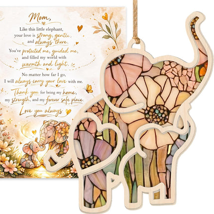 Mothers Day Gifts for Mom, Mom Gifts from Daughter Son, Elephant Ornament with Story Card & Envelope, 4x4 Inch Acrylic Wood Keepsake, Birthday Gifts for Mom, New Mom Gift