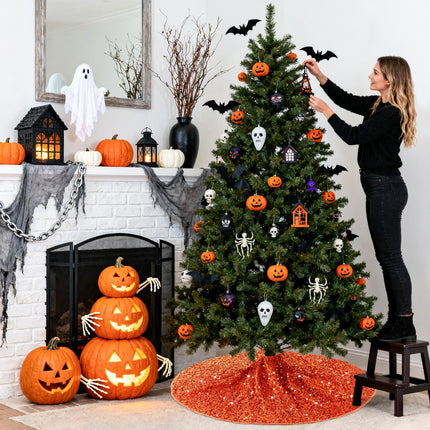 Orange Christmas Tree Skirt 21 Inch Fall Tree Skirt Sequin Velvet Tree Skirt Mini Xmas Tree Skirts Halloween Tree Decoration Glitter Christmas Tree Cover Skirt Mat for Holiday Christmas Tree Ornaments