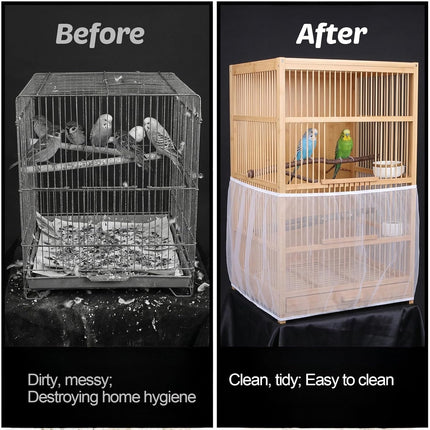 2Pcs Bird Cage Seed Catcher, Adjustable Bird Cage Skirt Cover, White Stretchy Birds Cages Netting for Round Square Parrot Parakeet Macaw African Cages