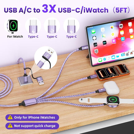 Travel Essentials Multi Charging Cable for iWatch Charger, 4in2 3 X USB C Cable Multiple Charger Cord, USBC Car CarPlay Cable Compatible with iWatch Ultra/11-1/iPhone 17-15/Galaxy S25-22, 5F Purple