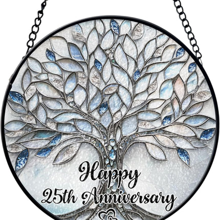 25th Wedding Anniversary Faux Stained Glass Suncatcher, 25 Years Marriage Keepsake Ornament, Silver Wedding