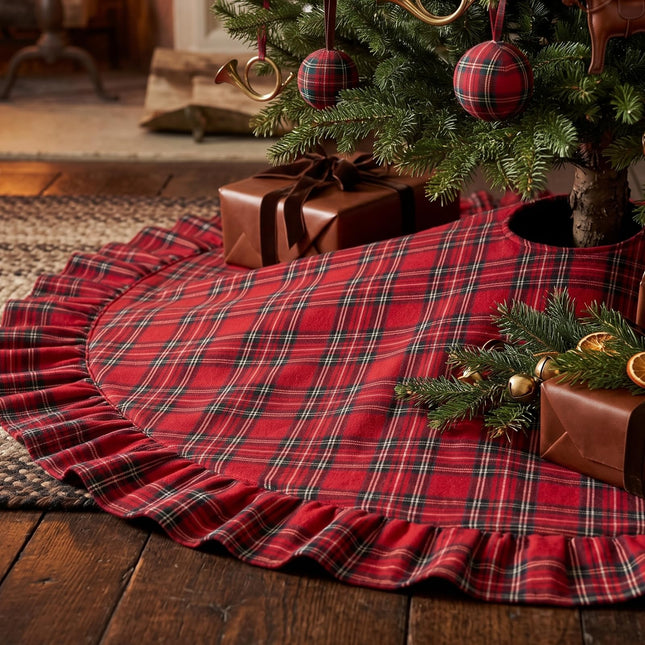 Red Tartan Christmas Tree Skirt with Ruffle Edge Bow, 36 Inch