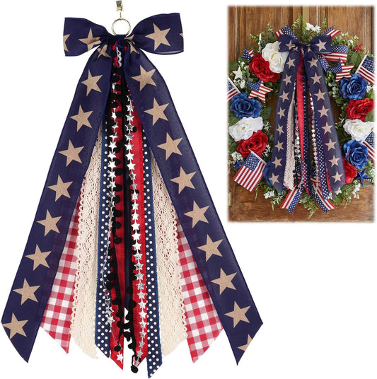 Large Patriotic Front Door Wreath Sash with 8-Ribbon Americana Star Bow