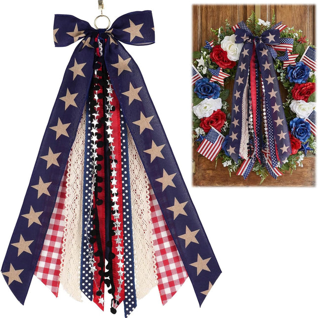 Large Patriotic Front Door Wreath Sash, 8-Ribbon Americana Star Bow with Metal Clip, Wired Edge Red White Blue Decor