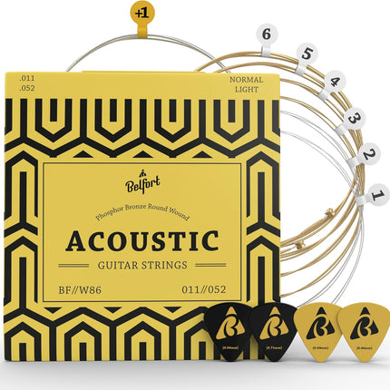 BELFORT® quality acoustic guitar strings - 6 string set - Premium coating with Phosphor Bronze (guitar strings acoustic 6 string set) BONUS: 4 Picks + 1 High E String - cuerdas para guitarra acustica