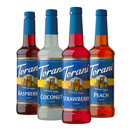 Torani Sugar Free Flavored Drink Syrup Soda Flavors Variety Pack, Raspberry, Coconut, Strawberry & Peach, 25.4 fl oz, (Set of 4)