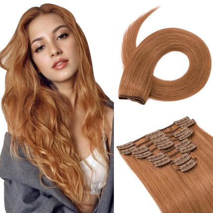 Benehair Clip on Hair Extensions Real Human Hair Auburn Hair Extensions Clip in Human Hair Long Straight Remy Natural Full Head 8pcs 20inch #30 Light Auburn