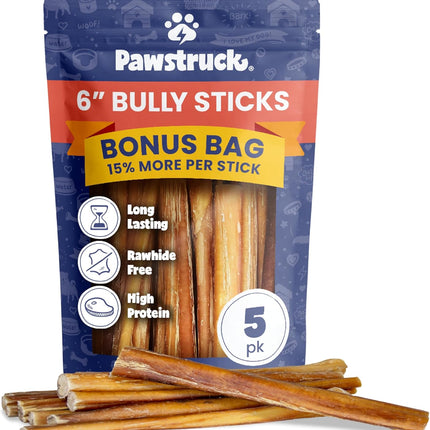 Pawstruck 6 Inch Bully Sticks with Bonus Inch for Dogs (5 Pack) - All Natural Beef Pizzle, Long Lasting, Rawhide-Free, Low Odor, Single Ingredient Dog Chews & Dental Treats