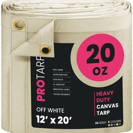 PROTARP Extreme Heavy Duty 20 OZ Water Resistant Canvas Tarp, UV Resistant Tarpaulin Cover with Rustproof Brass Grommets, Multipurpose for Canopy, Roof, Camping, Woodpile (Off White 12'X20')