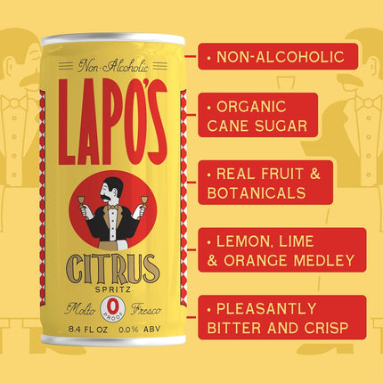 Lapo's Citrus Spritz, Non Alcoholic Canned Cocktail, Mocktail for Party, Non-Alcoholic Spirits, Zero Proof Orange Bitters, Mocktails and Alternative Drinks, Ready to Drink Cans, Gluten Free, 4 Pack