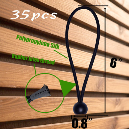 Bungee Cords with Balls 35PCS, 6 Inch Ball Bungees for Canopy Tarp, Tent, Outdoor, Black Elastic Ties for Secure Hold – Durable, UV Resistant (35, B6)
