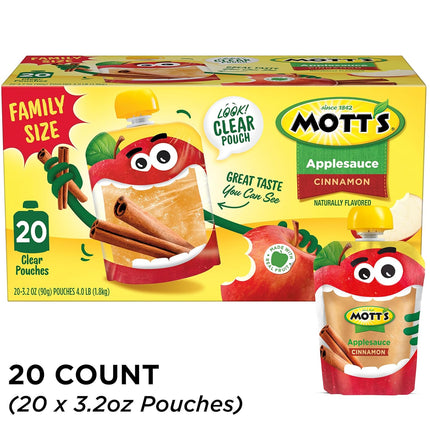Mott's Cinnamon Applesauce, 3.2 oz clear pouches, 20 pack