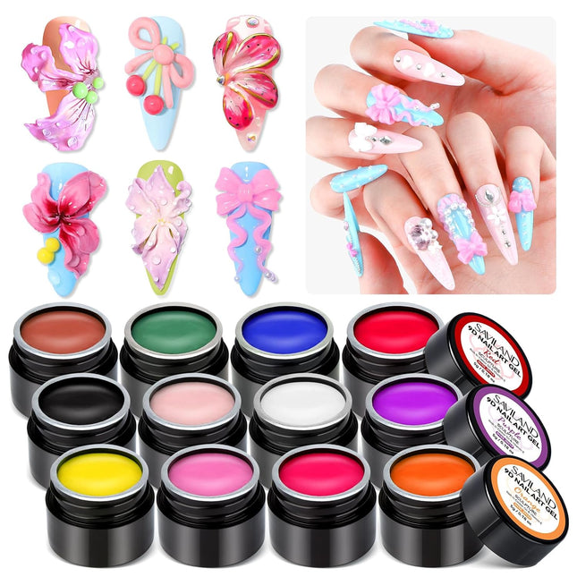 3D Nail Gel Set: 12 Colors Non-Sticky Soak Off 3D Sculpting Gel for Nail Art Painting Drawing Hand Carving Molding with Sculpture Pen for 3D Nail Art Design Home Salon Manicure DIY