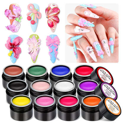 3D Nail Gel Set: 12 Colors Non-Sticky Soak Off 3D Sculpting Gel for Nail Art Painting Drawing Hand Carving Molding with