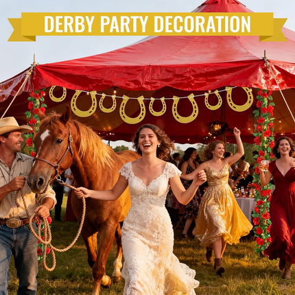 Epakh Derby Garland Gold Horseshoe Banner Horse Hoof Birthday Banner Glittered with Artificial Roses Flowers for Derby Party Decoration Western Themed Cowboy Wedding Supply Pre-Strung