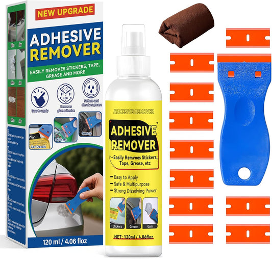 Adhesive Remover Spray 4.06oz, Sticker Remover with Plastic Scraper & 10 Blades, for Tape, Labels, Silicone, Gum & Wax
