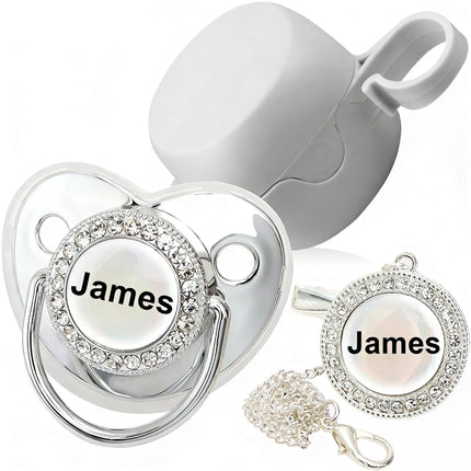 Personalized Pacifier with Name, Bling Gold Pacifier Clip Set Storage Box, Customized Glitter Crystal Luxurious Soother Ideal Gift for Boys Baby Shower Photography Newborn (Silvery)
