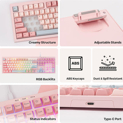 MechLands Aula S102 Membrane Gaming Keyboard with Number Pad, 100% Full Size Layout, USB-C Wired, RGB Backlit, Creamy Silicone Structure, Silent Keyboard for PC Game/Office (Pink)