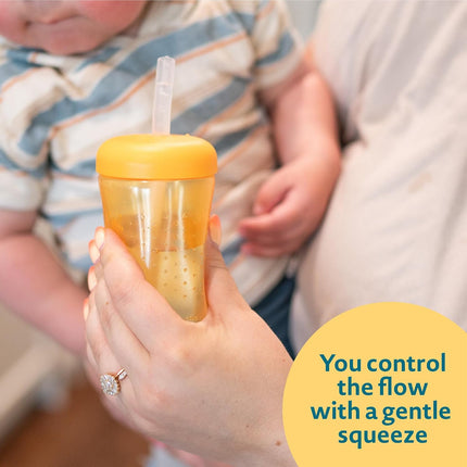 The First Years Squeeze & Sip Toddler Straw Cups - Squeezable Transition Sippy Cup with Silicone Straw - Toddler Feeding Supplies - Blue/Yelllow/Red - 7 Oz - 3 Count - Ages 6 Months and Up