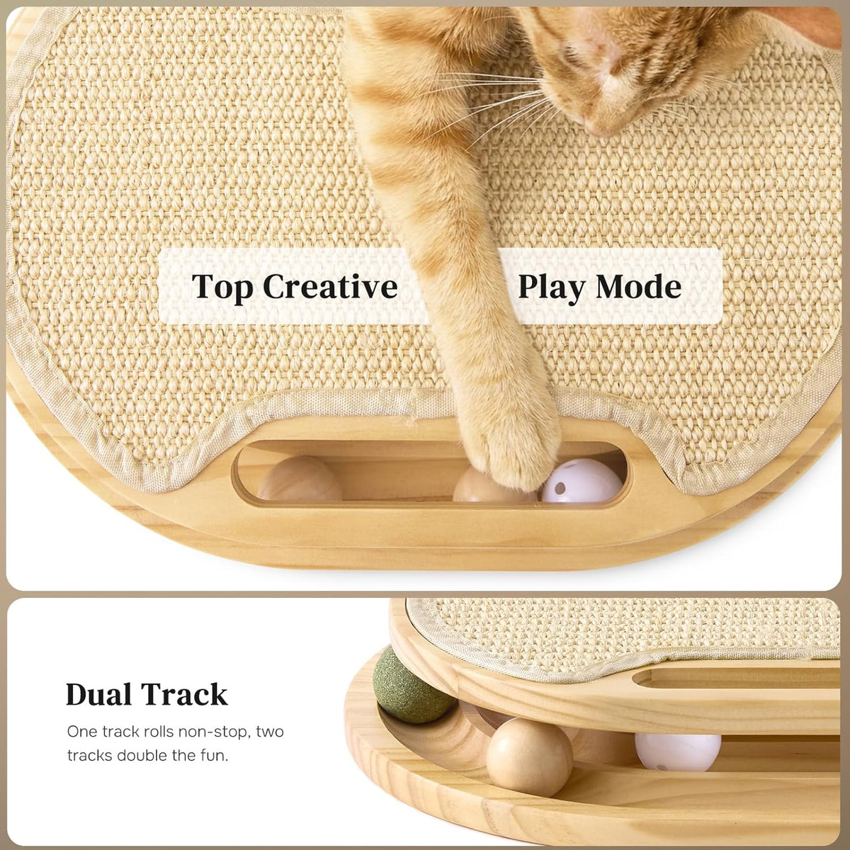 Cat Scratcher with Ball Track Toy, Large Sisal Scratch Pad for Indoor Adult Cats, Wooden Interactive Cat - photo 3