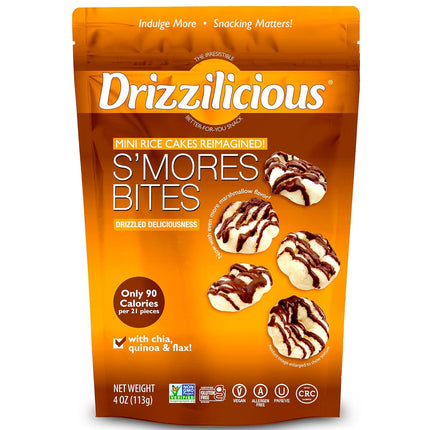 Drizzilicious Mini Flavored Rice Cakes S'mores - Rice Crisps, Healthy Snack for Adults and Kids, Vegan, Gluten Free Snack, Allergen Free, Only 90 Calories Per 21 Pieces- 4 oz (Pack of 1)