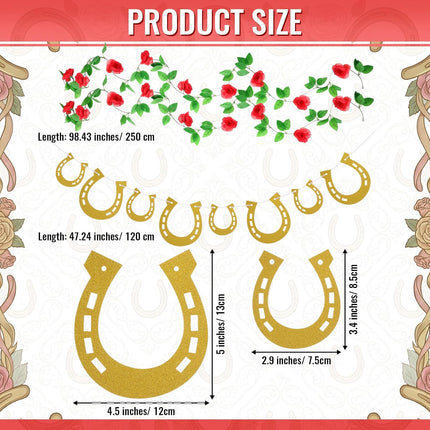 Epakh Derby Garland Gold Horseshoe Banner Horse Hoof Birthday Banner Glittered with Artificial Roses Flowers for Derby Party Decoration Western Themed Cowboy Wedding Supply Pre-Strung