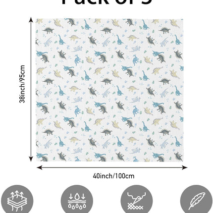 Muslin Swaddle Blankets for Newborn, 3 Pack Breathable Soft Receiving Blanket, Large 38 x 40 inches Swaddle Wrap Burping Clothes Diapers, Essentials Infant Shower Items, Toddler Gift (Blue Dinosaur)