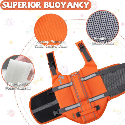 EMUST Dog Life Jacket, XL, NewOrange, Waterproof, Breathable, Adjustable with Rescue Handle, for Swimming Pool Beach Boating