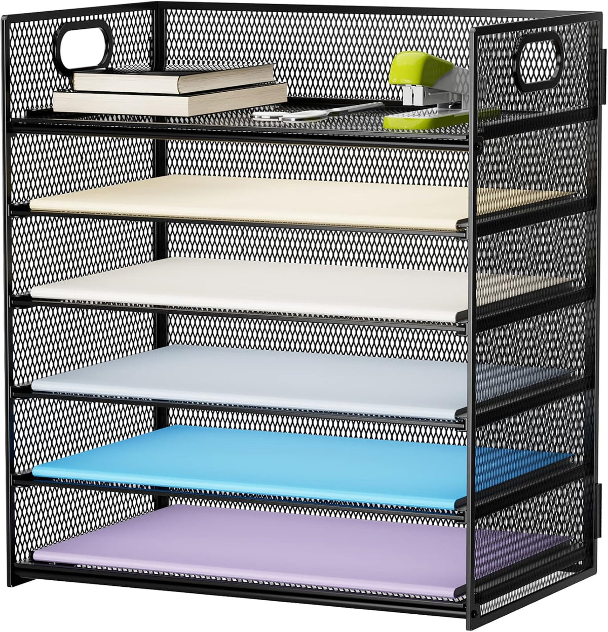 6 Tier Black Mesh Paper Organizer Letter Tray with Handle