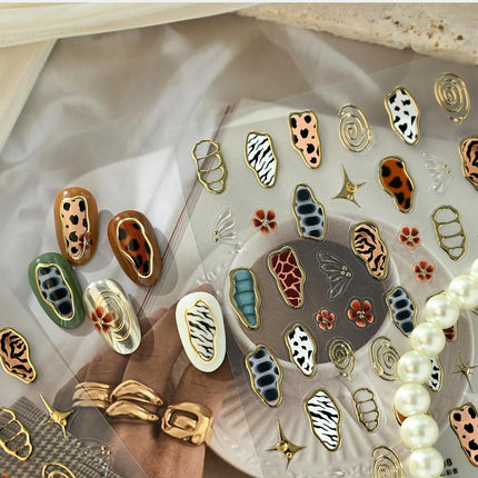 French Leopard Print Nail Art Stickers Chromatic Gold Nail Decal 5D Embossed Irregular Geometric for Sticker Nail Art Jelly Butterfly Wings Nail Supply for Women Girl DIY Manicure Decoration 1Pc